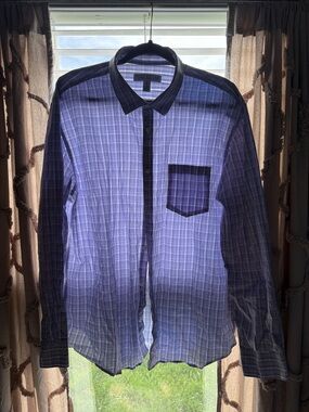 Calvin Klein Men's Blue Plaid Button-Down Shirt with Dark Trim